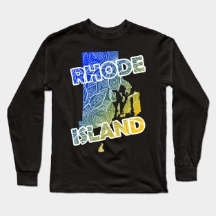 Colorful mandala art map of Rhode Island with text in blue and yellow Long Sleeve T-Shirt